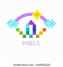 Vector image of a children's town, castle, house with towers of multi-colored geometric shapes and text. Logo of a kids city, children's zone, children's room, kindergarten, playground, toy store.