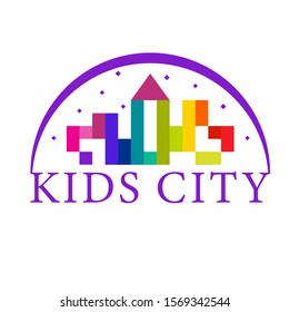 Vector image of a children's town, castle, house with towers of multi-colored geometric shapes and text. Logo of a kids city, children's zone, children's room, kindergarten, playground, toy store.