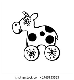 Vector image of a children's toy cow on wheels
