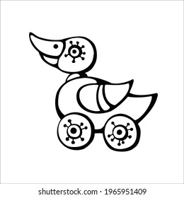 Vector image of a children's toy duck on wheels