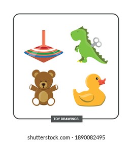 Vector image. Children's toys drawings. Toy with a spinning top, a dinosaur, a teddy bear and a rubber duck. Nice drawings for children.