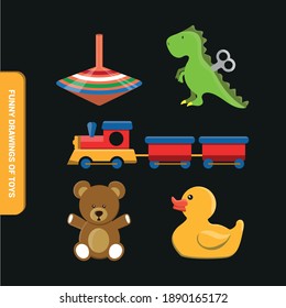 Vector image. Children's toys drawings. Toy with a spinning top, dinosaur, teddy bear, rubber duck and a train. Nice drawings for children.