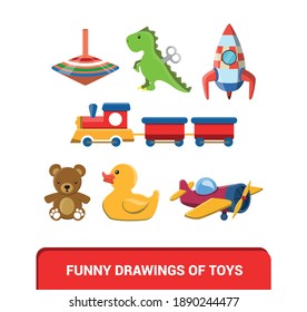 Vector image. Children's toys drawings. Toy with a spinning top, dinosaur, teddy bear, plane, rocket, rubber duck and a train. Nice drawings for children.