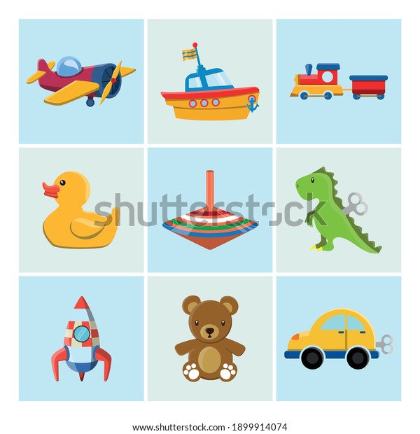 Vector image. Children\'s toys\
drawings. Toy with a spinning top, dinosaur, teddy bear, ship, car,\
plane, rocket, rubber duck and a train. Nice drawings for\
children.