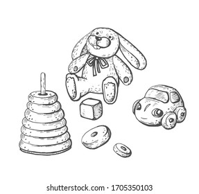 Vector image of children's toys on a white background - a teddy bunny, a pyramid, a cube and a toy car.