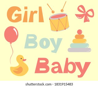 Vector image of a childs toys - a pyramid, a duck, a bubble and a drum. Early childhood character set. Attributes of early baby development.