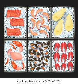 Vector image of chilled seafood. The view from the top. box with ice