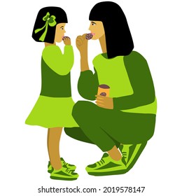 vector image of Chinese mothers and daughters in green clothes with cookies on a white background