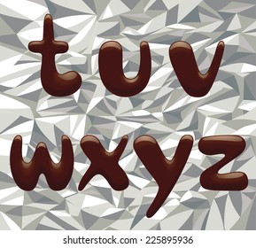 Imagen vectorial de letras pequeñas del alfabeto chocolate en la lámina de aluminio