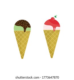 Vector image of chocolate ice cream with nuts and strawberry with cherries. 10 EPS