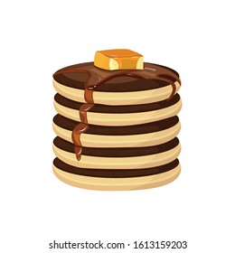
Vector image of chocolate pancakes with maple syrup and butter on a white background. Chocolate pancakes for your menu.