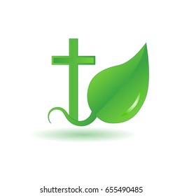 Vector image of a Christian cross and sprout leaves. Logo on white background in green color.