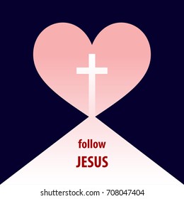 Vector image. Christian illustration of cross and heart with words "follow Jesus".