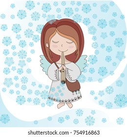 Vector image of  Christmas Angel, playing the fife. Cute Christmas decoration.