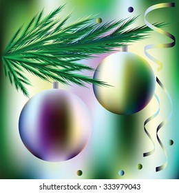 Vector image Christmas balls on Christmas tree green branch with confetti