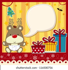 vector image for christmas card with baby rudolph, gift boxes  and text ballon for your message and other xmas theme elements