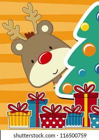 vector image for christmas card with baby rudolph, gift boxes  and tand pine tree