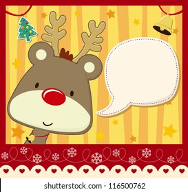 vector image for christmas card with baby rudolph with text ballon for your message and other xmas theme elements