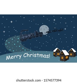 Vector image. Christmas card drawing. A lorry with boxes of gifts flies across the sky in deer. Winter night. Small houses and starry sky.