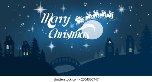 Vector image of a Christmas card with Santa Claus flying over the houses. Postcard, banner