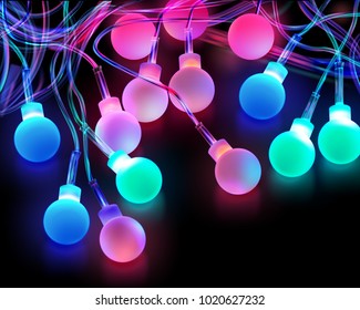 Vector image of Christmas colored light bulbs on dark background