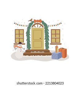 vector image of a christmas decorated doorm gift presents and snowman in front of the house