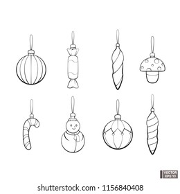Vector Image. Christmas decorations cartoon. Set of Christmas Outline Icons. Elements of celebration decor.