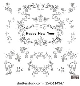 Vector image. Christmas design elements set. Collection of hand drawn swirls and frame.