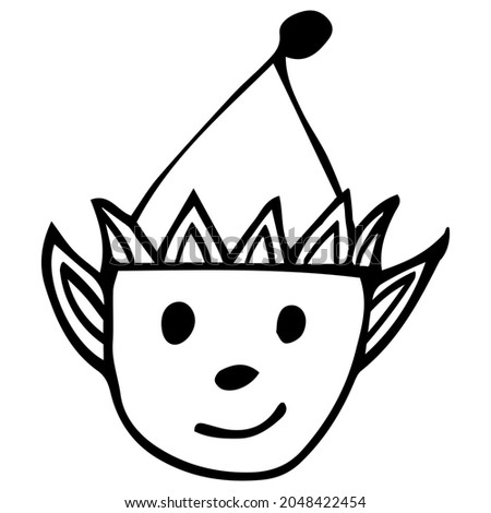 Vector image of a Christmas elf in a hat. The silhouette is a black outline. Design of posters, postcards, stickers, logos.