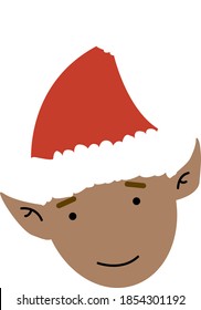Vector image of a Christmas festive cute elf in a red and white hat with dark skin