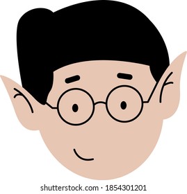 Vector image of christmas festive cute elf in glasses with black hair and fair skin