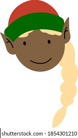 Vector image of christmas festive cute elf girl with pigtail in red and green hat with dark skin