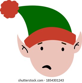 Vector image of a Christmas festive disgruntled elf in a red and green hat with a pompom and fair skin