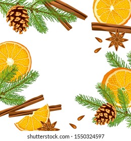 Vector image Christmas frame, on a white background, Christmas mood, the smell of citrus fruits, drawing fir branches, dry slices of orange, cinnamon, cloves, New Year, Christmas, background for paper
