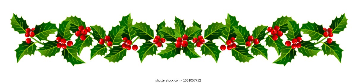 Vector image Christmas garland of holly branches on a white background, ornament for the decor of cards, banners. New Year's colors, red and green.