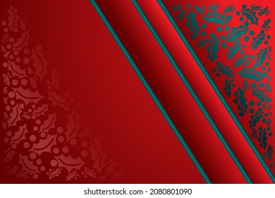 Vector image Christmas garland of holly branches on a red background, ornament for the decor of cards, banners. New Year's colors, red and green.