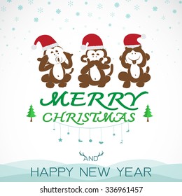 Vector image of an christmas greeting card. Monkeys and santa hat. Merry Christmas lettering.
