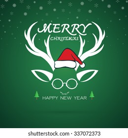 Vector image of an christmas greeting card. Antler and santa hat and eyeglasses. Merry Christmas lettering.