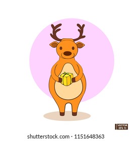 Vector image. Christmas icon with a deer. Cartoon character is a deer with a gift.