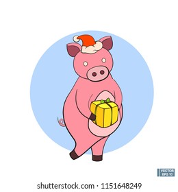 Vector image. Christmas icon with a pig. Cartoon character is a pig with a gift.