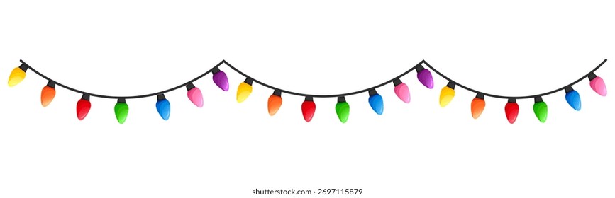 Vector image of Christmas lights. Festive decor and decoration made of colorful Christmas lights. Graphic element for your designs, Christmas cards, websites, banners, and posters.