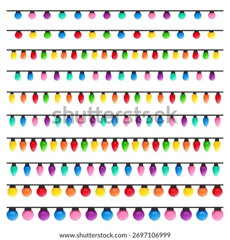 Vector image of Christmas lights. Festive decor and decoration made of colorful Christmas lights. Graphic element for your designs, Christmas cards, websites, banners, and posters.