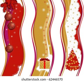 The vector image of a Christmas ornament and gift on a red and gold background.