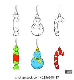 Vector Image. Christmas Outline Icons. Elements of celebration decor - snowman, candy, lollipop. Christmas decorations cartoon,set of contours and colored toys.