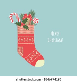 Vector image of a Christmas sock with gifts. Christmas greetings.