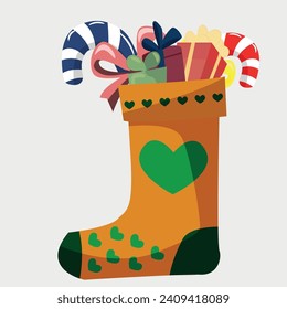 Imagen vectorial de calcetines de Navidad con regalos y dulces. Decoración de la chimenea para las vacaciones de Año Nuevo.