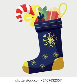 Imagen vectorial de calcetines de Navidad con regalos y dulces. Decoración de la chimenea para las vacaciones de Año Nuevo.