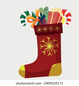 Vector image of Christmas socks with gifts and sweets. Fireplace decoration for New Year holidays.