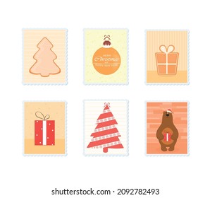 Vector image of Christmas stamps. Set of Christmas postage stamps isolated on a white vector image.