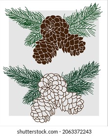 
Vector image of a Christmas tree cone with branches. Line and fill on a gray background.